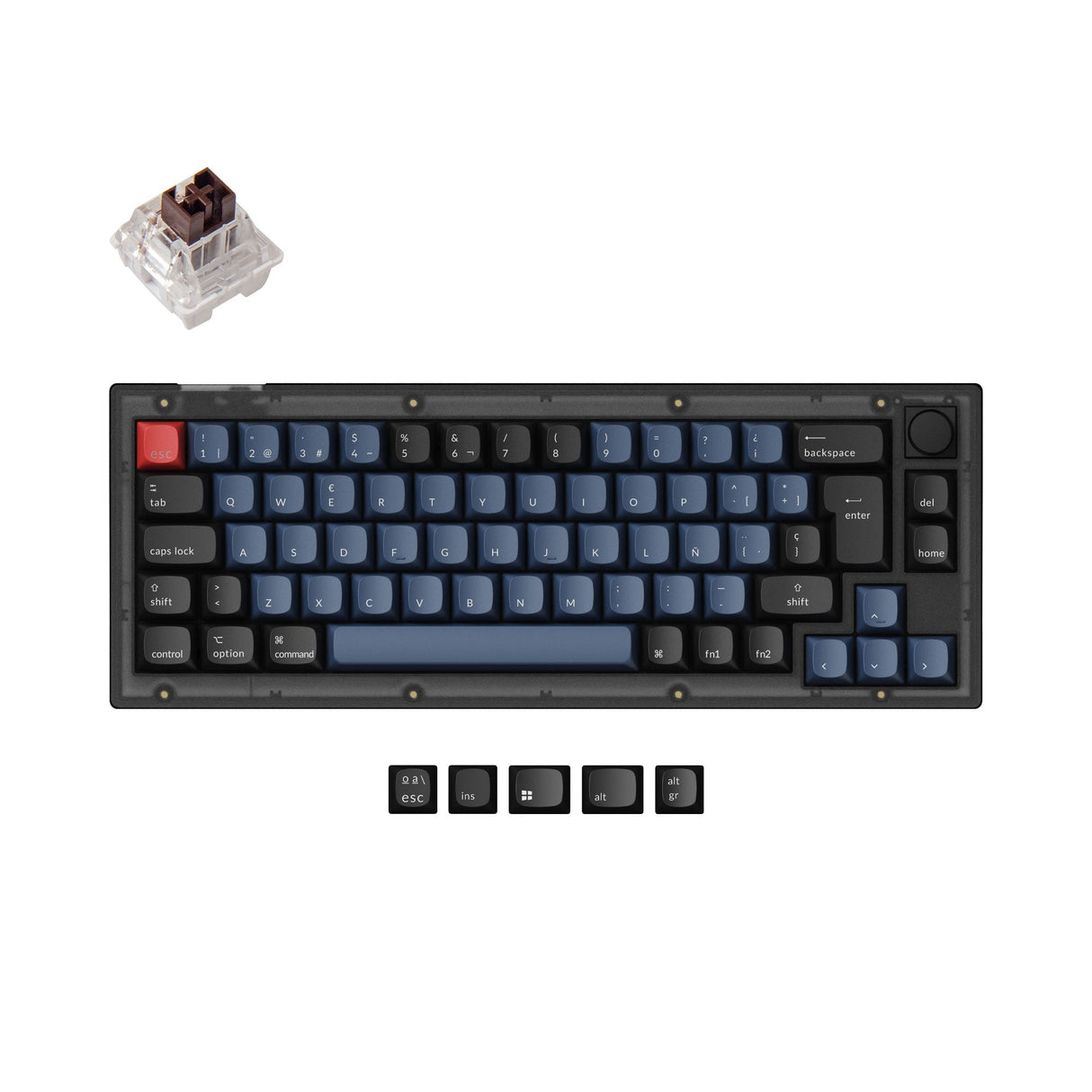 Keychron V2 QMK VIA custom mechanical keyboard 65 percent layout frosted black knob Mac Windows Linux hot-swappable Keychron K Pro switch brown ISO Spanish layout